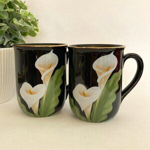 2 Otagiri Calla Lily Flowers Ceramic Mugs Coffee Cup Black with Gold Trim Japan